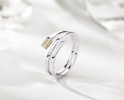 Majade Jewelry Design 黃鑽石14k金長方形訂婚戒指 另類環狀矩形求婚鑽戒 三圈結婚戒指