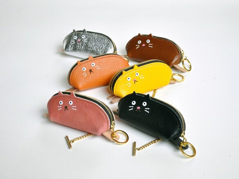 Palm-sized cat-shaped zipper key case - ที่ห้อยกุญแจ - หนังแท้ 