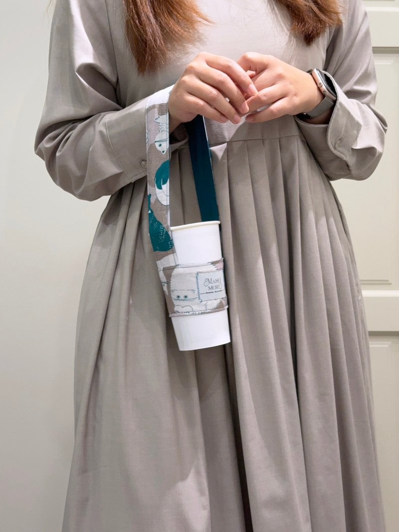 幾何貓咪飲料長提帶(窄) - 杯套/飲料提袋 - 棉．麻 