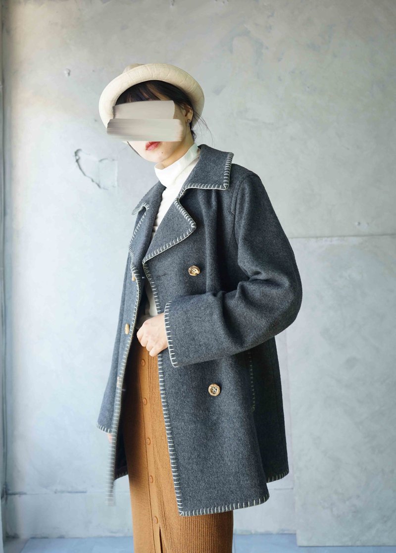 Treasure hunt vintage-The Scotch House dark gray raw edge seam double-breasted wool coat - เสื้อแจ็คเก็ต - ขนแกะ สีเทา