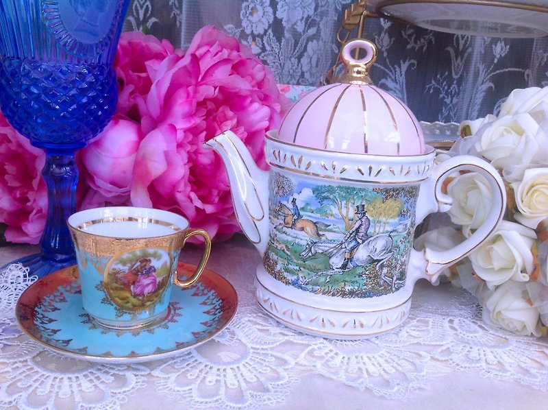 安妮瘋古物vintage 復古 古董英國骨瓷 英國製 Sadler 粉紅色打獵花茶壺 歡樂下午茶系列,可愛 庫存新品 - 茶壺/茶杯/茶具 - 其他材質 粉紅色