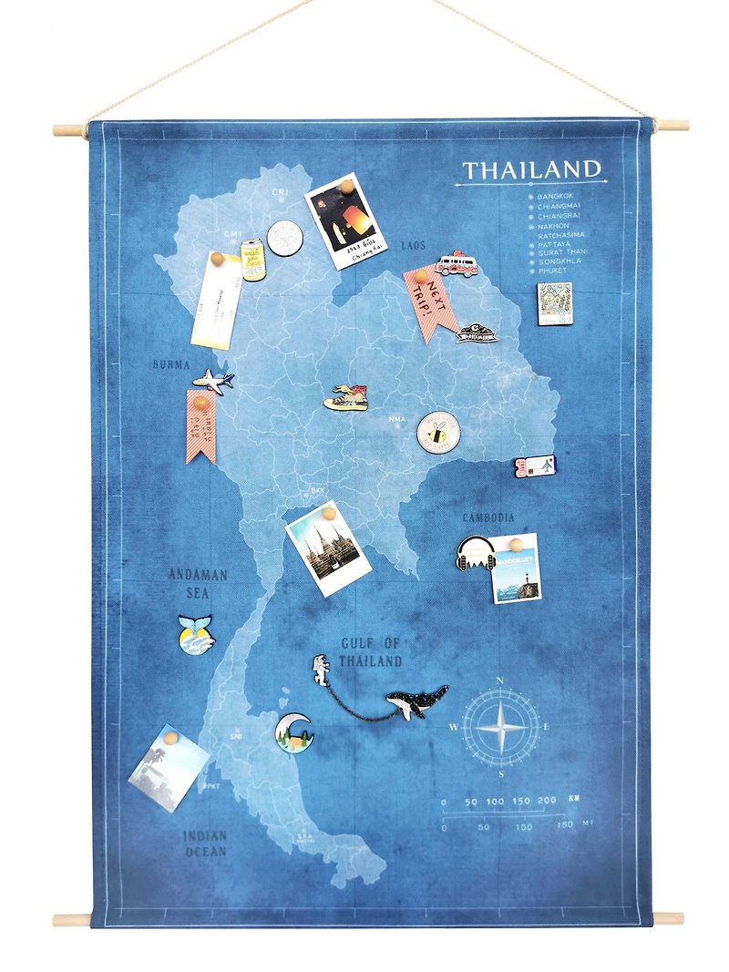 Thailand map Canvas with round wooden hanging Journal diary Classic home decor - Wall Décor - Polyester Blue