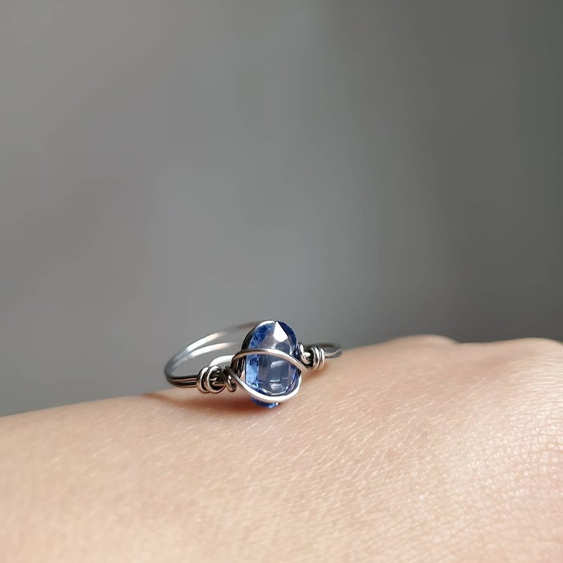 半寶石 戒指 藍色 - 藍晶石戒指 可調式 金屬編織 簡約礦石戒指 不鏽鋼戒指