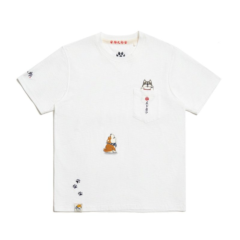 江戶勝 日系 男裝 勝太郎系列 勝太郎與黑丸仰望短袖T恤(米白色) - 男 T 恤 - 棉．麻 白色