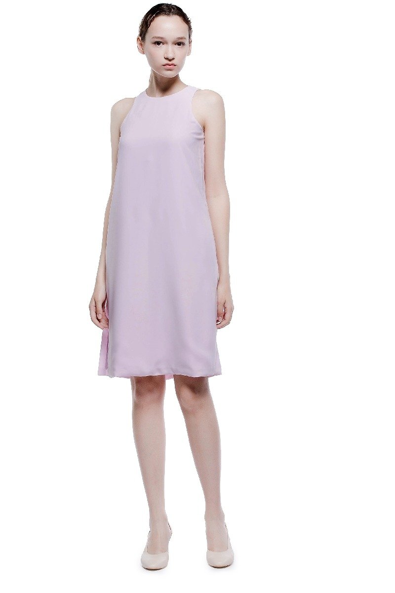 Lavender Sunset Round Neck Sleeveless Midi Dress - กระโปรง - เส้นใยสังเคราะห์ สีม่วง