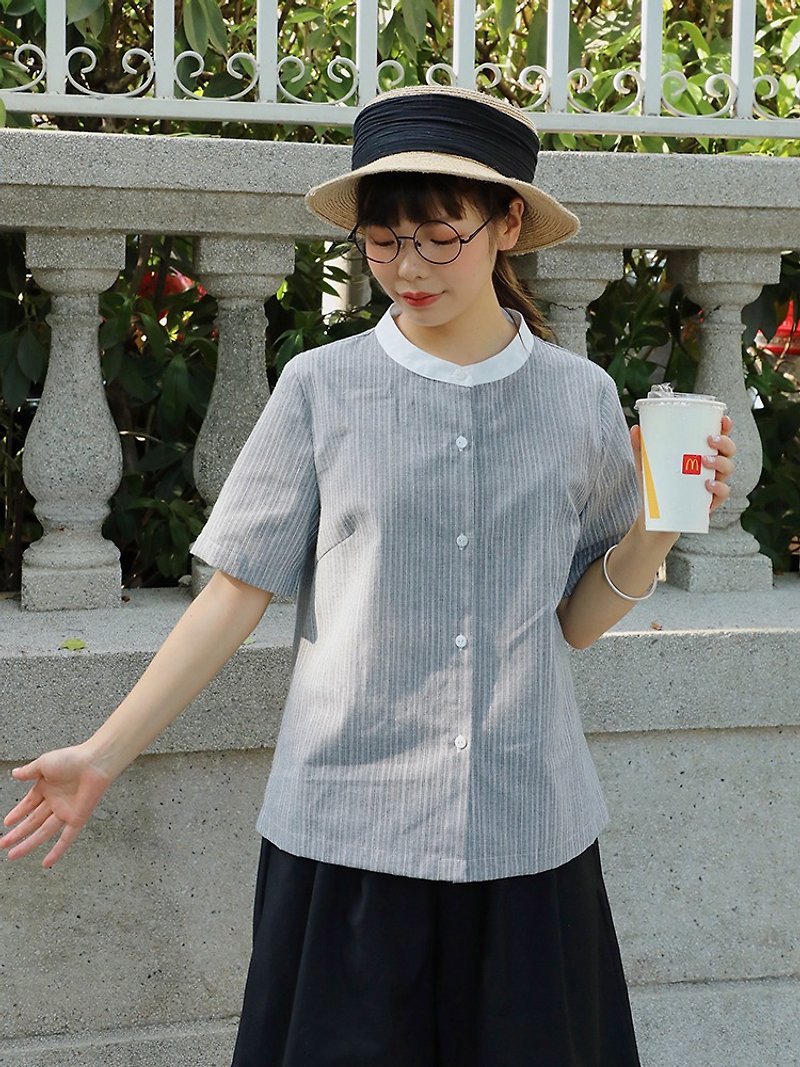 GingerPlan summer fudge wind test method sense of retro cotton Linen Japanese commuter was thin striped short-sleeved shirt