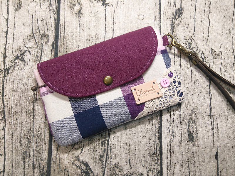 Chomii. Purple plaid phone bags Clutch - กระเป๋าคลัทช์ - ผ้าฝ้าย/ผ้าลินิน สีม่วง