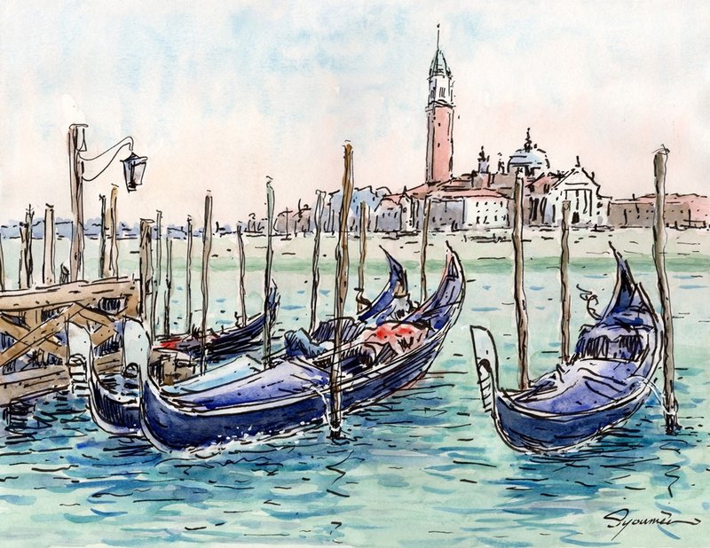 水彩画原画　ゴンドラ・ヴェネツィア運河 - 海報/掛畫/掛布 - 紙 藍色