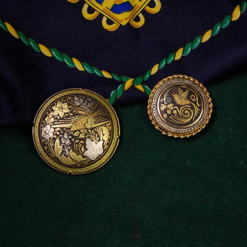 西班牙古董 大馬士革24K金屬鑲嵌工藝 鳥與花草圖騰 圓形別針 - 胸針 - 24k 金 金色