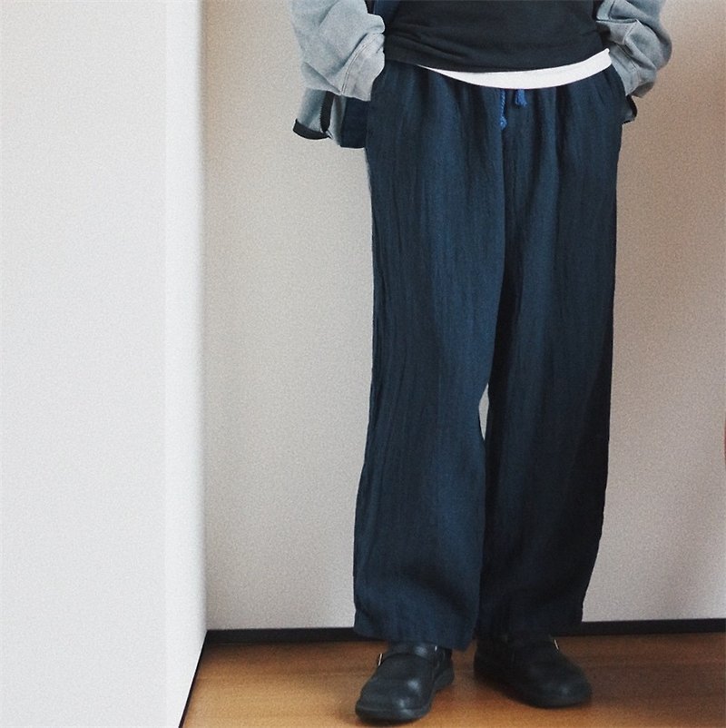 Yokohama navy blue fine sand washed linen organic cotton trousers unisex workwear casual trousers - กางเกงขายาว - ผ้าฝ้าย/ผ้าลินิน สีน้ำเงิน