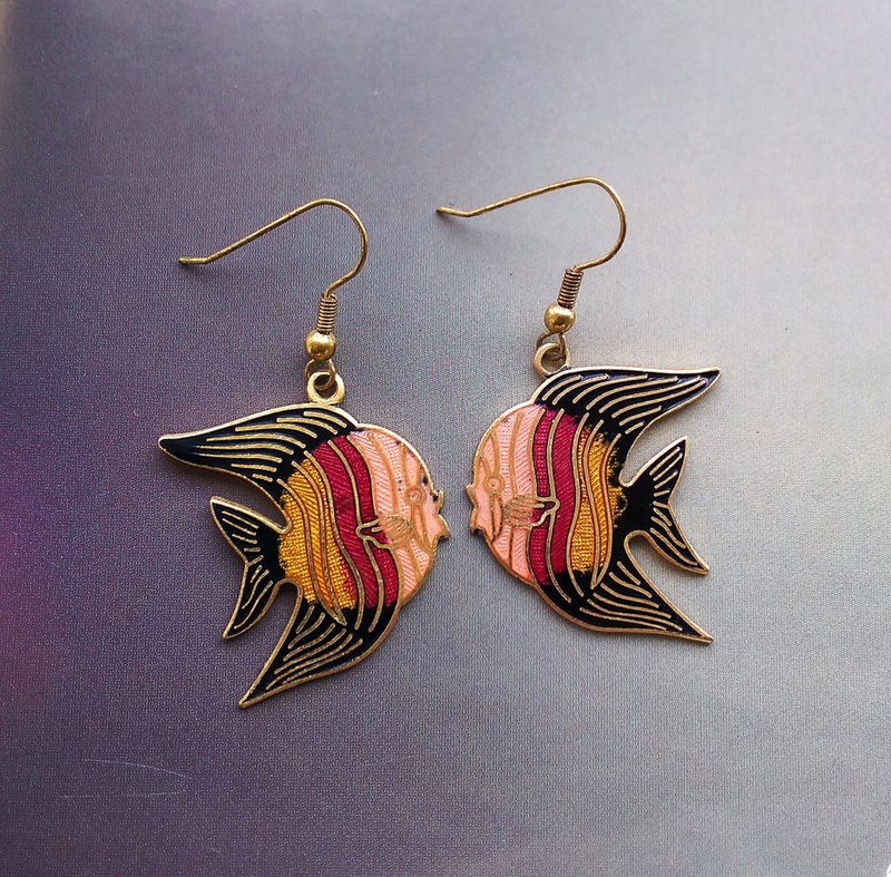 Vintage Jewelry 西洋古董飾品 熱帶魚款 景泰藍 耳勾 針式耳環 - 耳環/耳夾/耳骨夾 - 其他材質 金色