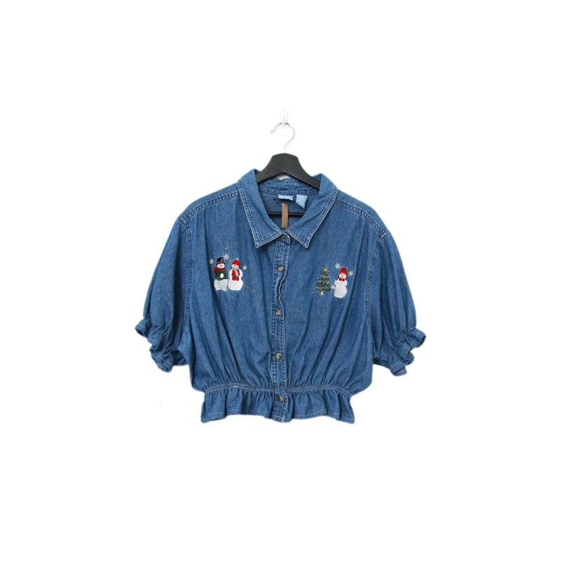 Back to Green-再製丹寧襯衫 雪人聖誕樹dv-48//vintage shirt - 女襯衫 - 棉．麻 