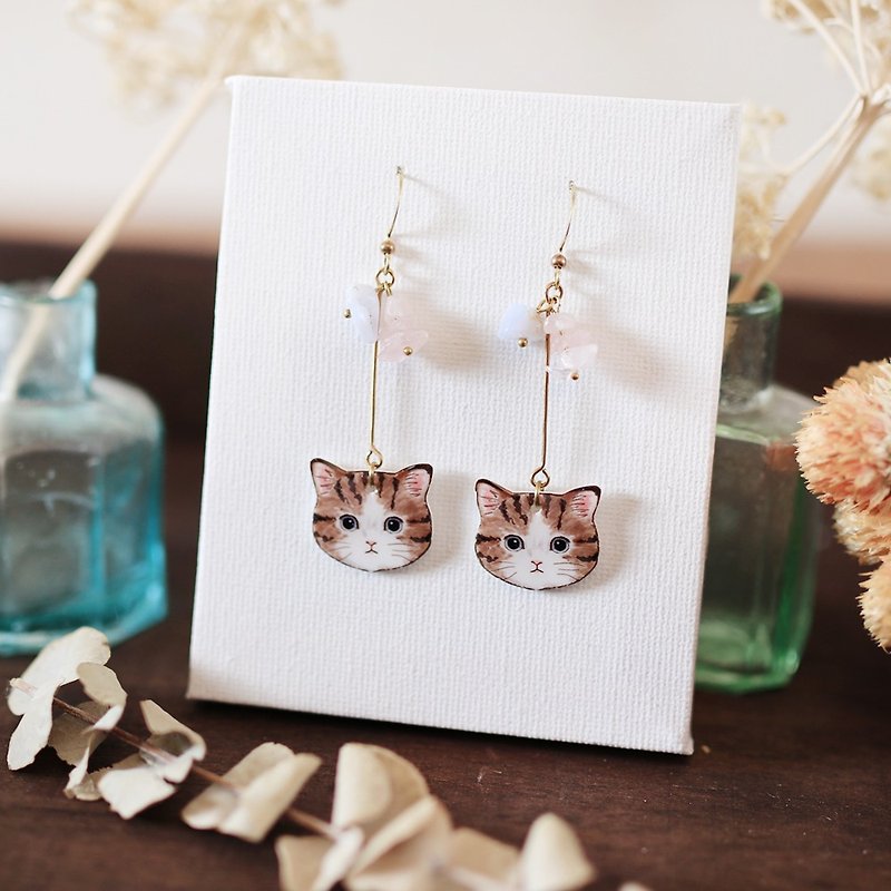 Small animal natural stone handmade earrings - want to eat canned fish can be changed - Earrings & Clip-ons - Resin Brown