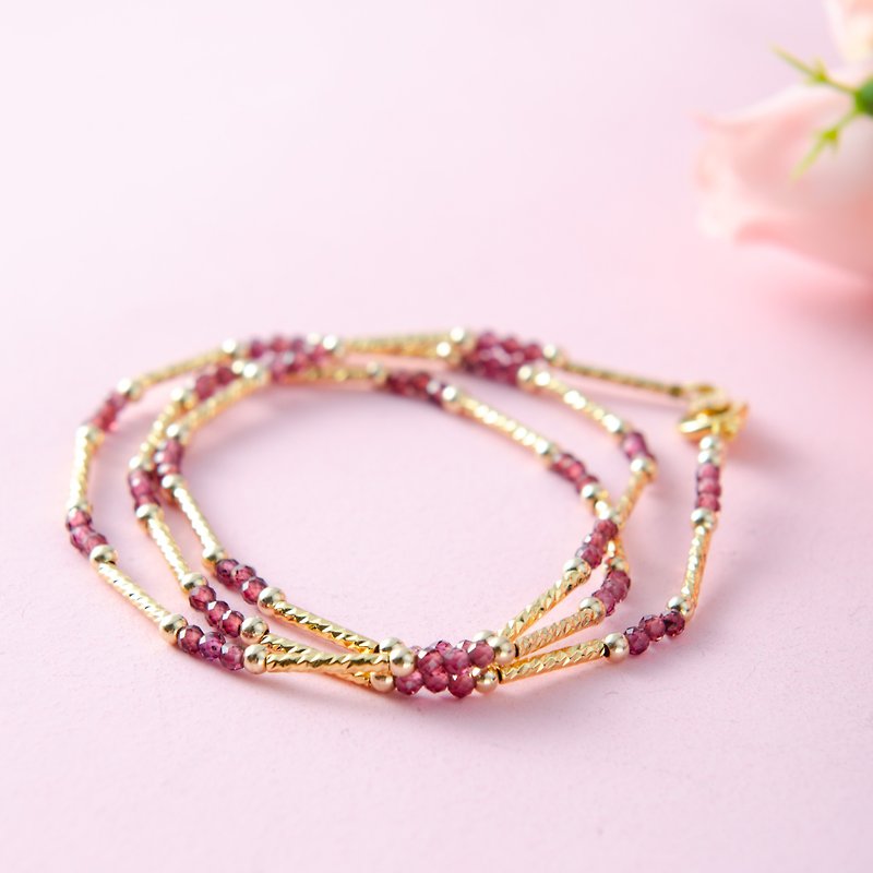 Red Garnet, 14K Gold-plated Natural Gemstone Crystal Multi Strand Bracelet - สร้อยข้อมือ - คริสตัล สีแดง