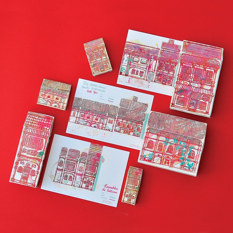Foldable 3D Houses Postcards Original Illustration. - Cards & Postcards - Paper Red