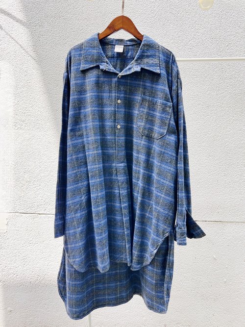 河水山 藍灰色歐洲法蘭絨格紋長版 古著上衣襯衫洋裝 dress shirt