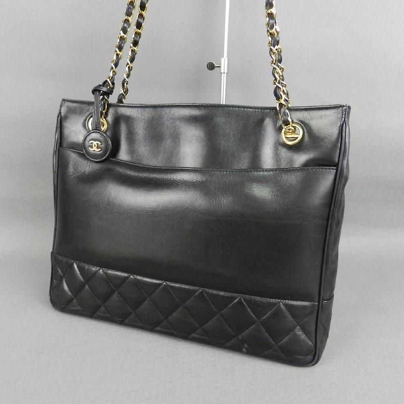 【LA LUNE】Second-hand Chanel black leather chain shoulder tote bag side back handbag - กระเป๋าแมสเซนเจอร์ - หนังแท้ สีดำ