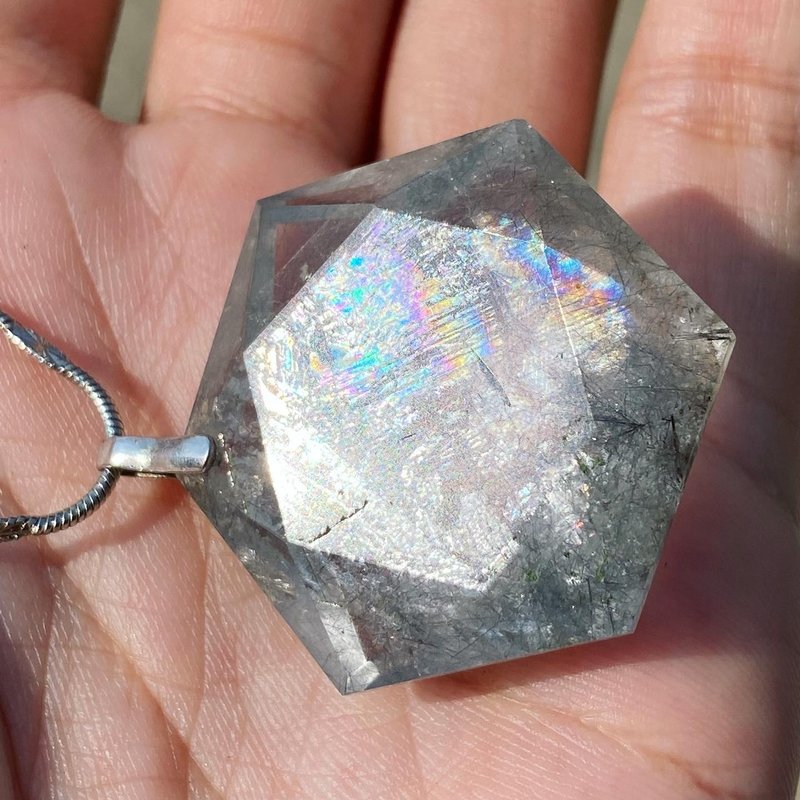 【Lost and find】天然石 彩虹 灰銀 髮晶 六芒星 項鍊 6T48 - 項鍊 - 寶石 多色