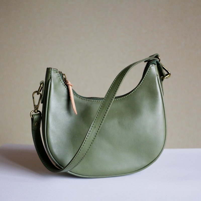 Moon-shaped bag, cowhide leather, shoulder bag, crossbody bag, mini bag, green - Messenger Bags & Sling Bags - Genuine Leather Green