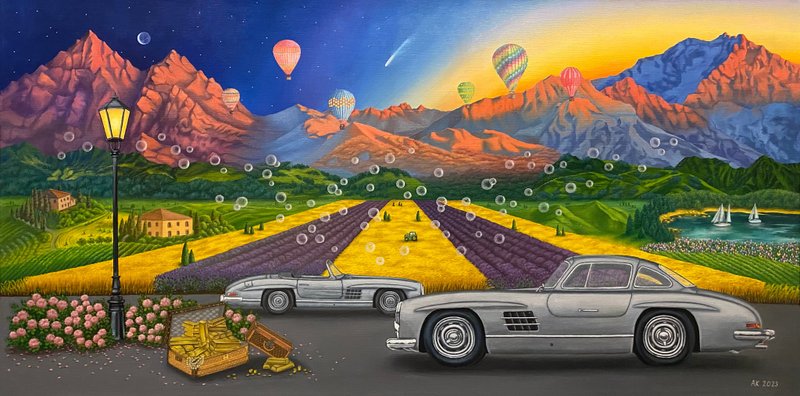 Lightness, original oil painting, Mercedes SL300 car, landscape farm, nature art - 壁貼/牆壁裝飾 - 其他材質 多色