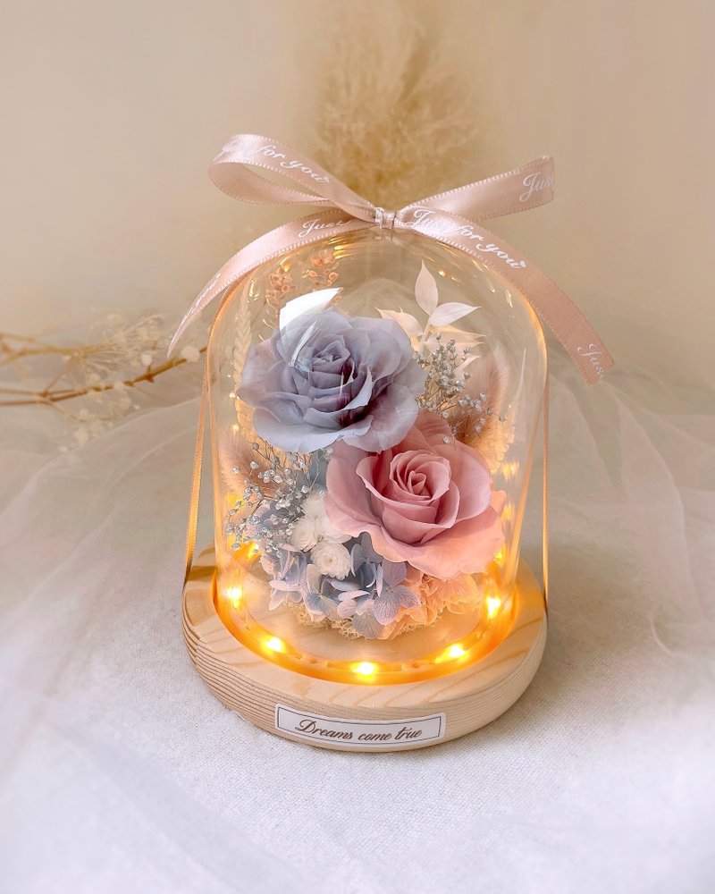 永生花玻璃盅-莫蘭迪霧粉藍 l 小夜燈 日本玫瑰 情人節禮物 - 乾燥花/永生花 - 植物．花 多色