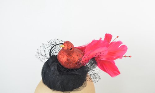 Elle Santos Pillbox Headpiece with Red Glitter Feathered Bird and Black Tulle Veil