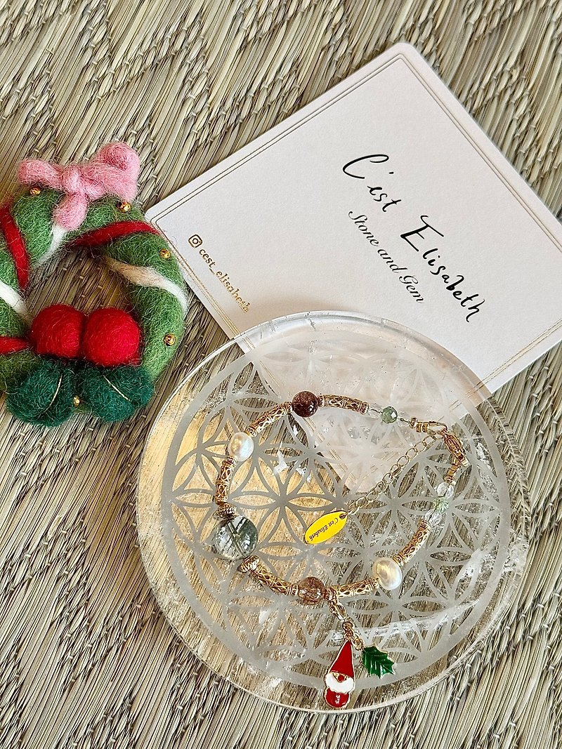 ChristmasTimeIsHere-Green ghost Bronze hair crystal 14k gold-filled bracelet + Japanese Guiwa Christmas charm - สร้อยข้อมือ - คริสตัล 