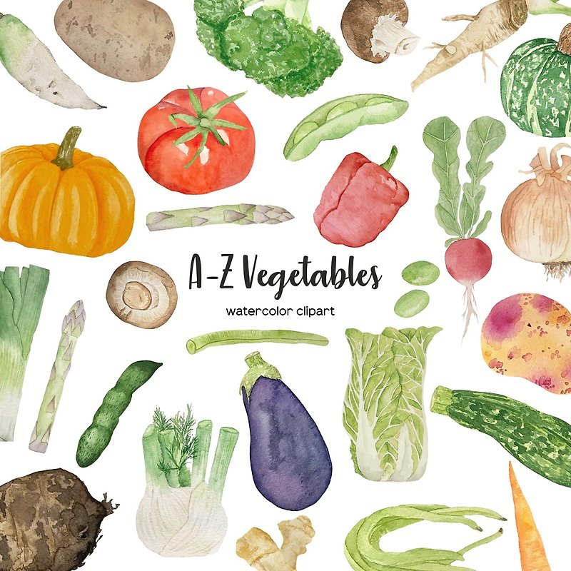 水彩野菜のクリップアート。 AZ 野菜の水彩画。完全なアルファベットの野菜 - その他のデジタルコンテンツ - その他の素材 