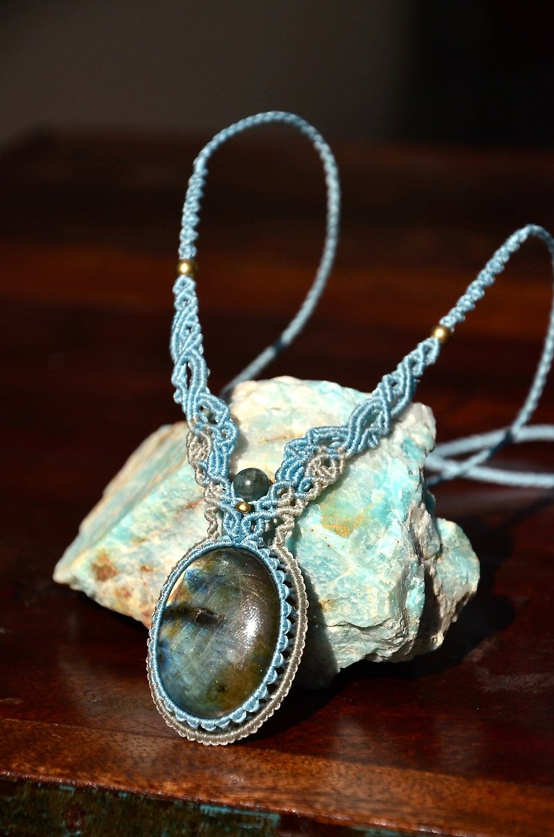 寶石 項鍊 藍色 - 天然水晶-拉長石-手制花邊編織項鍊