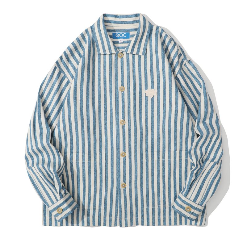 GOC Studio Japanese blue striped cotton long-sleeved shirt - เสื้อเชิ้ตผู้ชาย - ผ้าฝ้าย/ผ้าลินิน สีน้ำเงิน