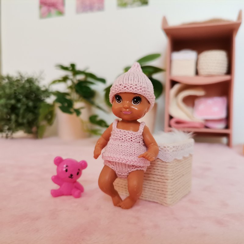 Pink hat, tank top, and panties for Baby Barbie doll - ของเล่นเด็ก - ผ้าฝ้าย/ผ้าลินิน สึชมพู