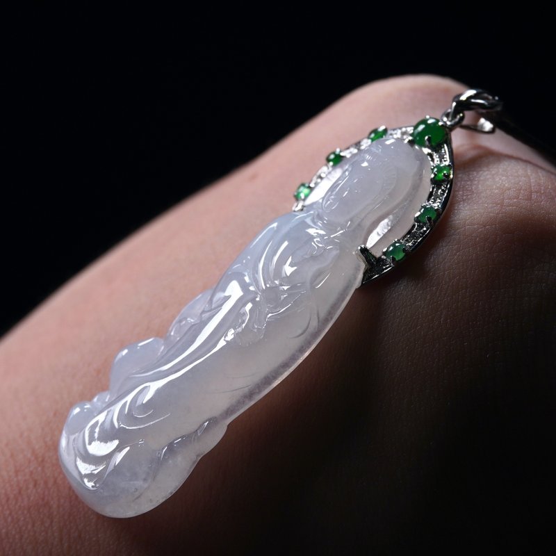 冰種翡翠觀音菩薩項鍊 18K金鑽石 | 天然緬甸玉翡翠A貨 | 送禮 - 項鍊 - 玉石 白色