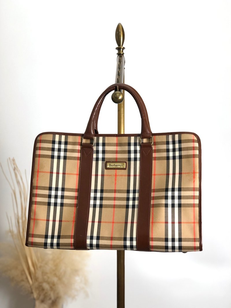 【 日本直送　名牌中古包 】BURBERRY バーバリー クラシックチェック ハンドバッグ ベージュ ロゴ キャンバス vintage オールド tytgtc - 手提包/手提袋 - 棉．麻 咖啡色