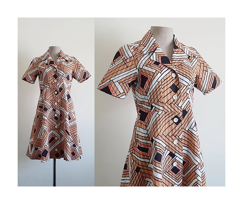 Vintage Brown White Abstract Print Dress - One Piece Dresses - Polyester Brown