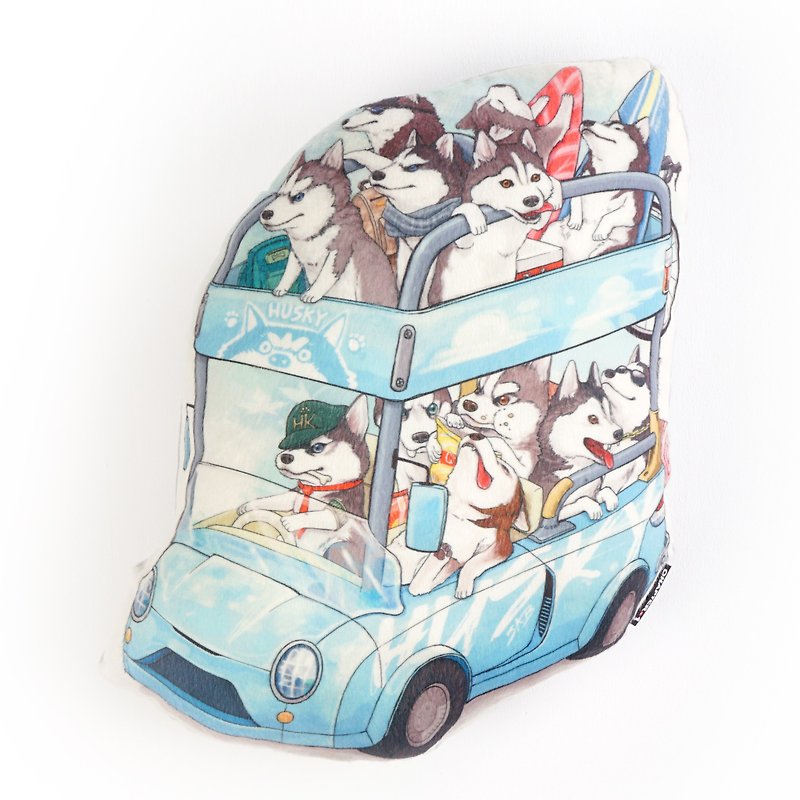 Husky family drive the bus Backrest pillow New arrival Gift New Year - 枕頭/抱枕 - 聚酯纖維 灰色