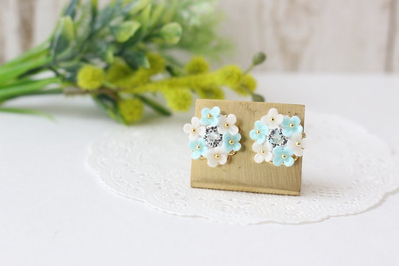 White and pastel blue flowers and Swarovski bouquet earrings