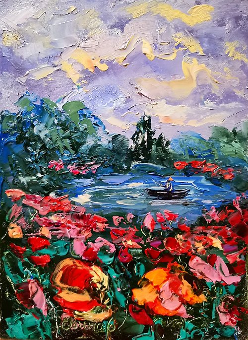 Original oil painting artist Svinar Oksana Oil Painting Art Original Impasto Poppies Lake Boat Sunset Artist Svinar Oksana