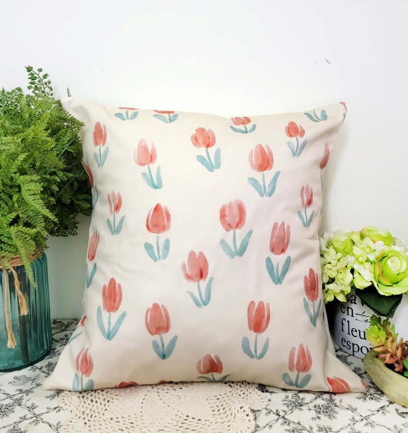 Nordic cute pastoral style light apricot orange tulip flower pattern pillow pillow cushion cushion pillowcase - หมอน - ผ้าฝ้าย/ผ้าลินิน 