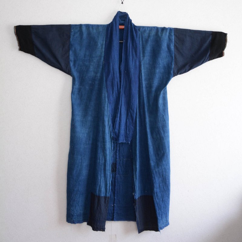 Yogi Lining Boro Indigo Kimono Robe Crazy Pattern Japanese Fabric Vintage Aizome - Men's Coats & Jackets - Cotton & Hemp Blue