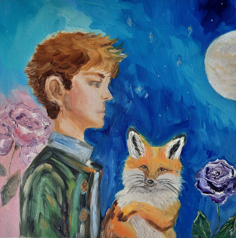Little Prince oil painting Little prince fox kids wall art 小王子油畫 - 海報/掛畫/掛布 - 棉．麻 藍色