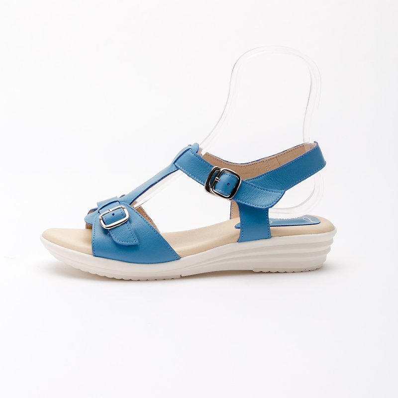 Plus size women's shoes 41-45 made in Taiwan belt buckle type I leather platform sandals 4cm blue - Sandals - Genuine Leather Blue