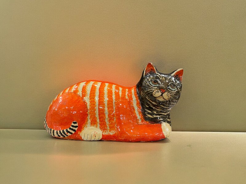 Handmade lacquered paperware painted cat ornaments from Kashmir, India - tabby cat - Items for Display - Wood Orange