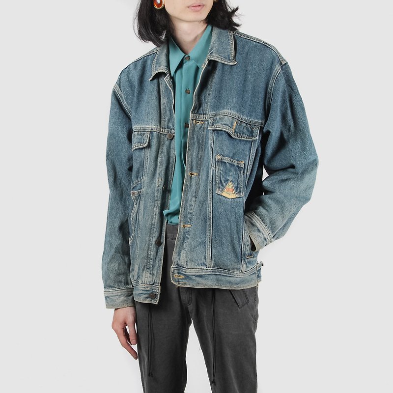 [Egg Plant Vintage] Solid Color Classic Vintage Denim Jacket - เสื้อโค้ทผู้ชาย - ผ้าฝ้าย/ผ้าลินิน สีน้ำเงิน