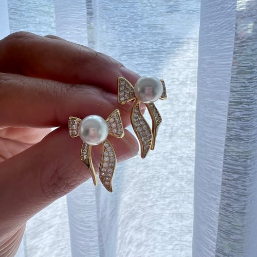 Ellajo Bijoux 金色時光 金飾蝴蝶結鋯石天然珍珠耳環