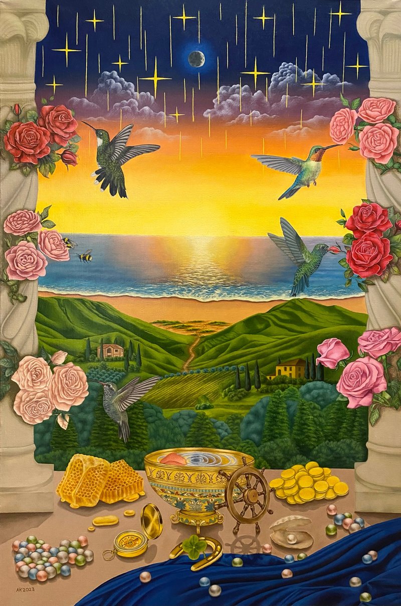 Wish, original oil painting, hummingbird, rose garden, nature wall art, decor - 壁貼/牆壁裝飾 - 其他材質 多色