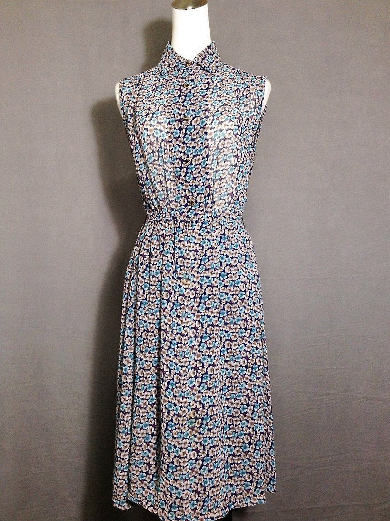 Ping-pong vintage [vintage dress / Nippon fresh flowers blue vintage chiffon sleeveless dress] abroad back VINTAGE - ชุดเดรส - วัสดุอื่นๆ หลากหลายสี