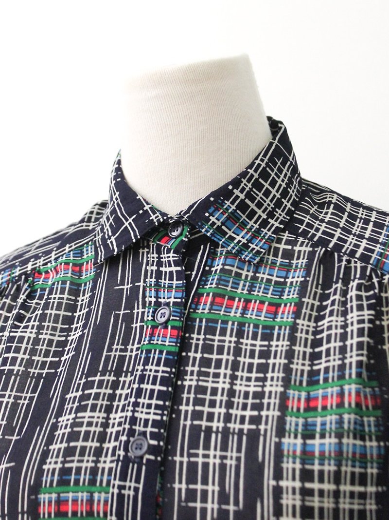Japanese made retro geometric Check dark blue short-sleeved vintage shirt Vintage Blouse - Women's Shirts - Polyester Blue