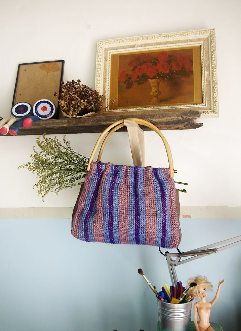 4.5studio-Nordic vintage antique bag - traditional handmade crochet knit bamboo handle bag - กระเป๋าถือ - ขนแกะ สีม่วง
