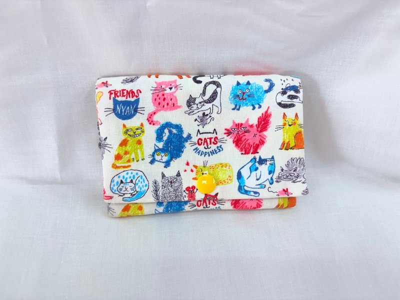 多層次零錢包-白底插畫喵喵 - 零錢包/小錢包 - 棉．麻 白色