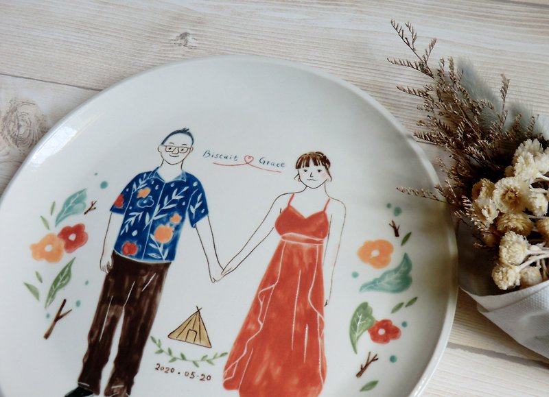 瓷 盤子/餐盤/盤架 白色 - 人像插畫客製盤 婚禮禮物 情侶 結婚送禮 似顏繪 情人節 禮物